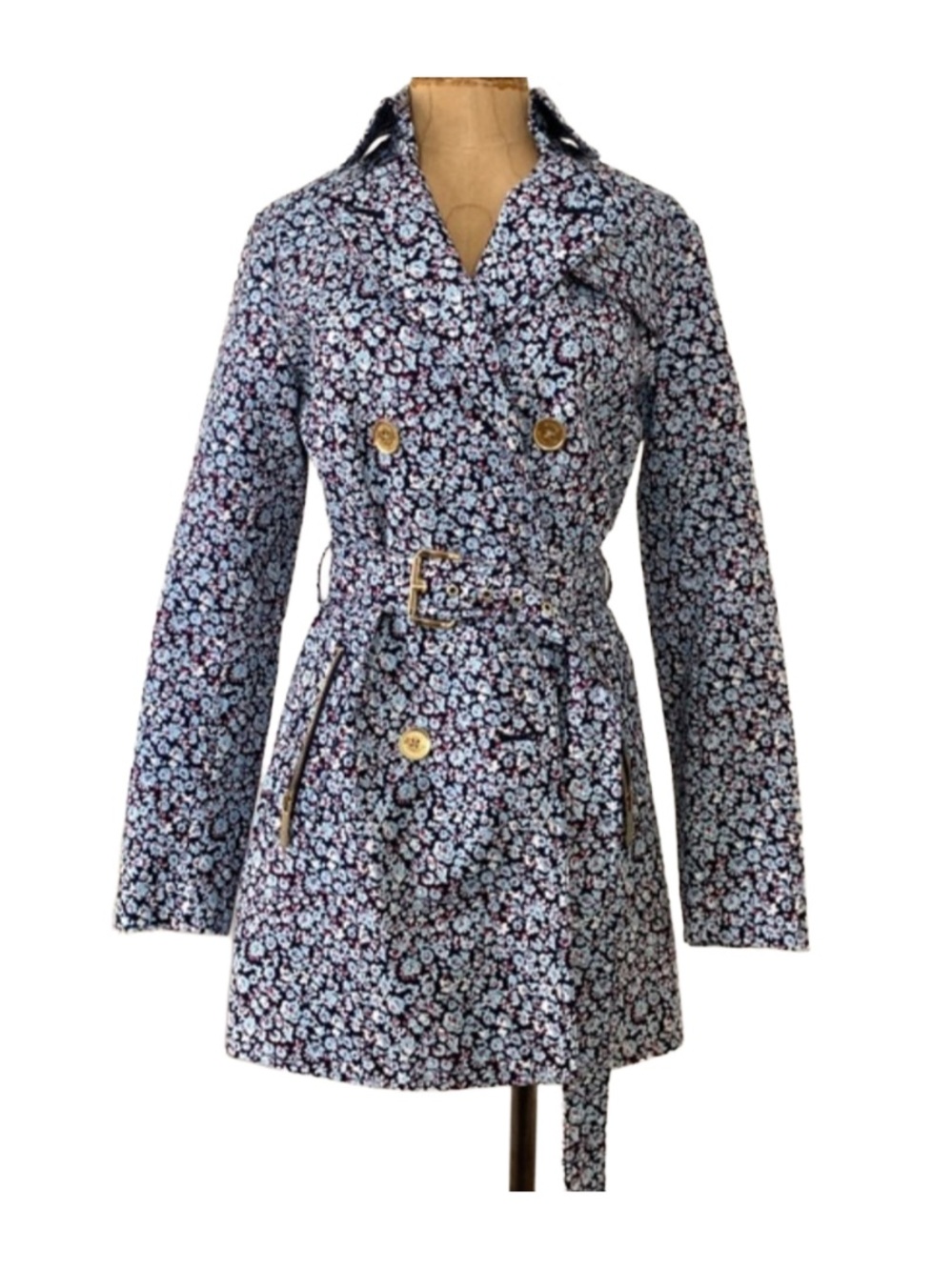 MICHAEL Michael Kors Blue Ditsy Floral Belted Trench Coat Womens XS light blue